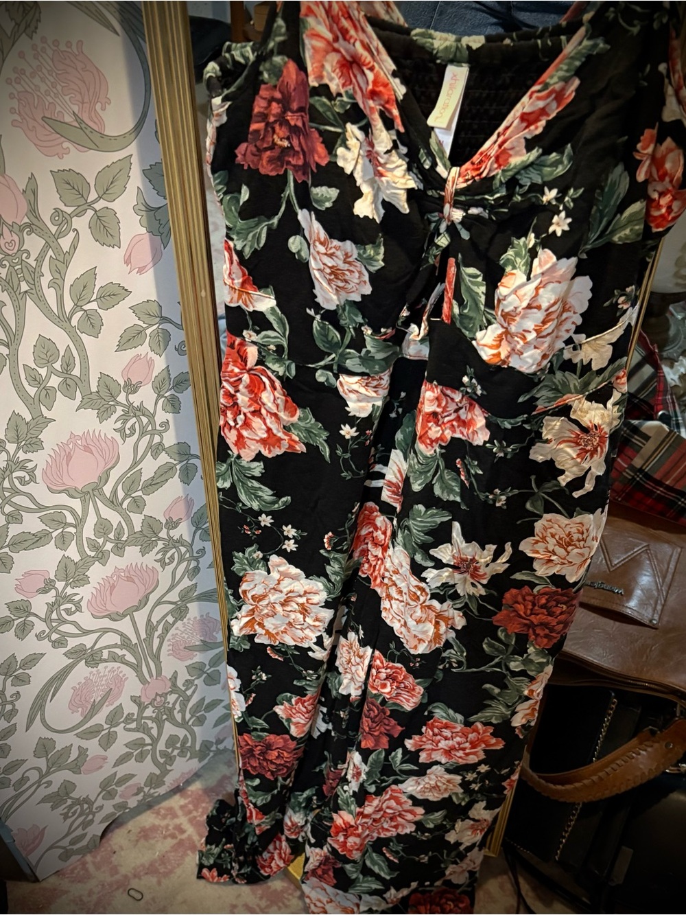 Xhilaration Black Floral Jumpsuit with Pink & Green Accents